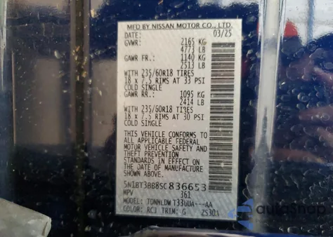 2025 Nissan Rogue Sv from USA, damaged, VIN 5N1BT3BB8SC836653